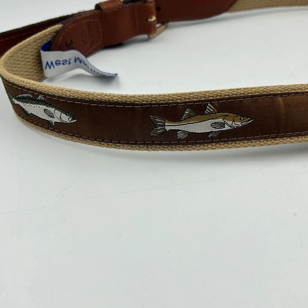 West Marine Belt Brown Tan Mens Size 36 Fish Embroidered Leather Canvas USA